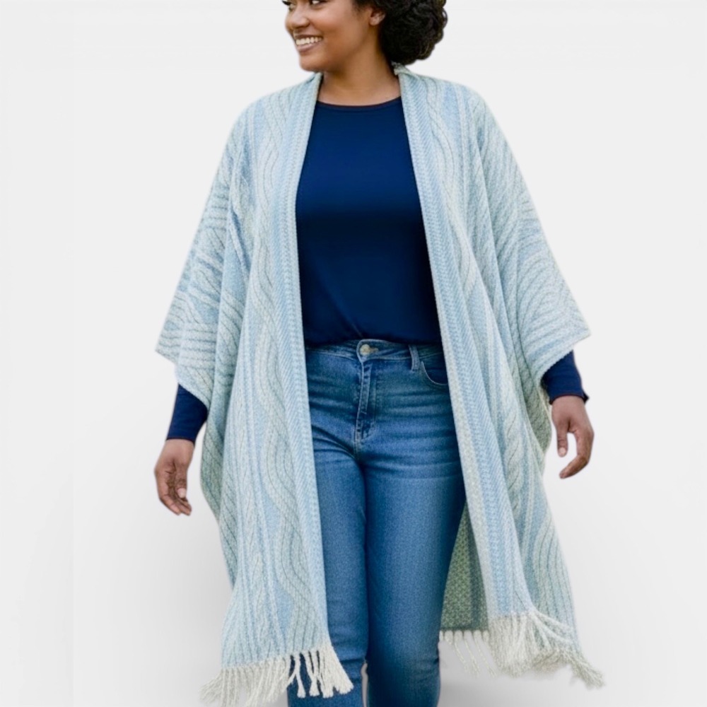 Handcrafted Lt Blue Wavy Cable Knit Open Front Fringe Cardigan Blanket Sweater